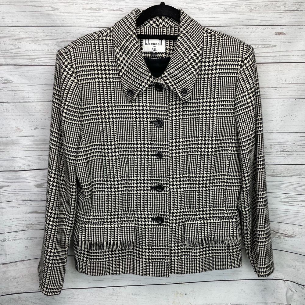 🍁 b. bennett for ASL Wool Tweed Blazer Houndstooth Lined Jacket Coat sz 14